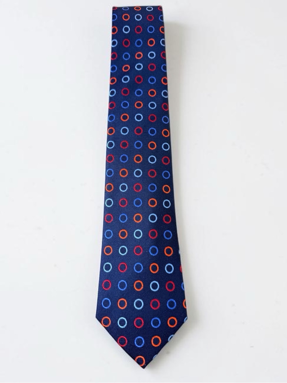 Duchamp London Navy Silk Tie with Red Blue and Orange Rings NWOT